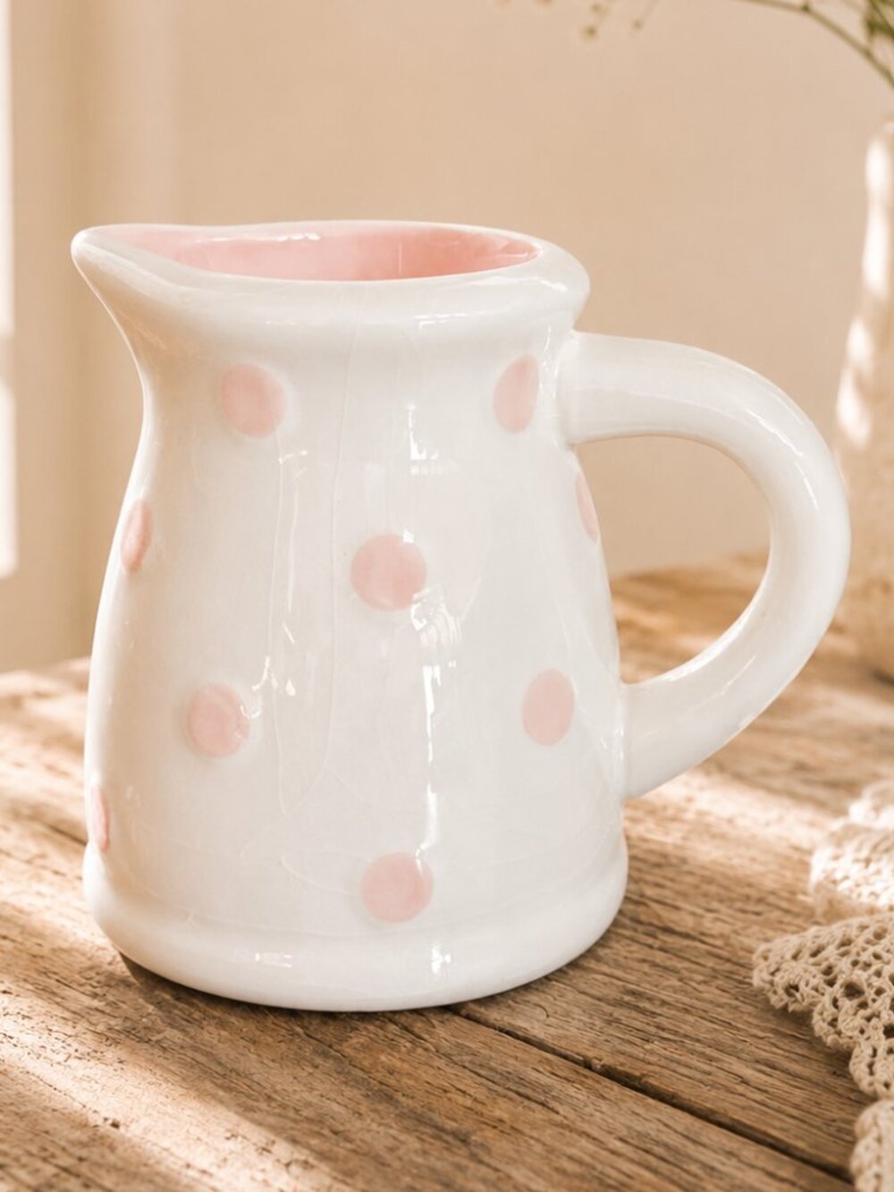 Charming Vintage Pastel Pink & White Polka Dot Creamer Pitcher Jug